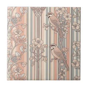 Perzik Streep Bloemrijke Vogel Elegant (3) Tegeltje