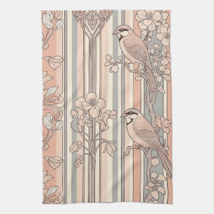 Perzik Streep Bloemrijke Vogel Elegant (3) Theedoek