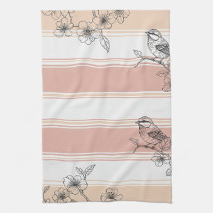 Perzik Streep Bloemrijke Vogel Elegant (4) Theedoek
