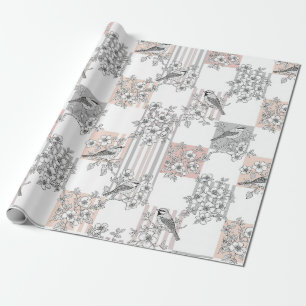 Perzik Streep Bloemrijke Vogel Elegant (6) Cadeaupapier