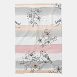 Perzik Streep Bloemrijke Vogel Elegant (7) Theedoek
