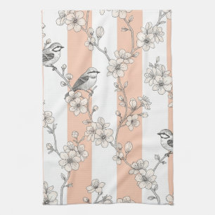 Perzik Streep Bloemrijke Vogel Elegant (8) Theedoek
