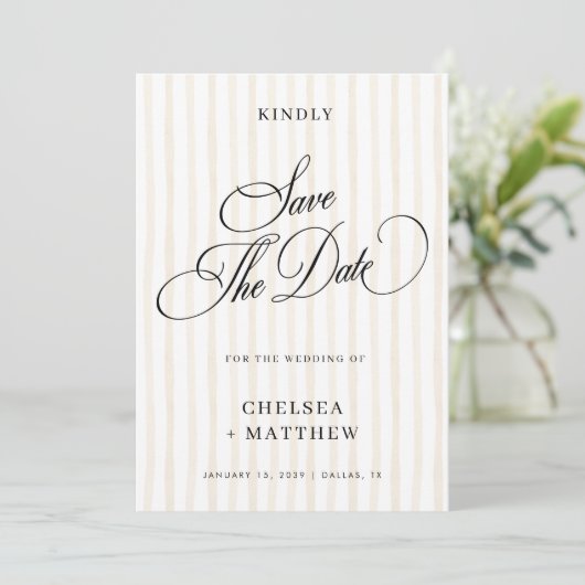 Perzik Streep Klassiek Schrift & Foto Bruiloft Save The Date (Staand voorkant)
