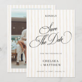 Perzik Streep Klassiek Schrift & Foto Bruiloft Save The Date (Voorkant / Achterkant)