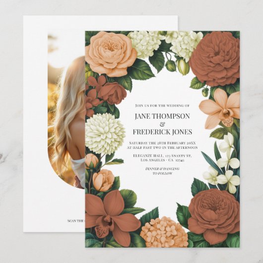 Perzik-, Terracotta- & Crème Bloemen Bruiloft Kaart (Voorkant / Achterkant)