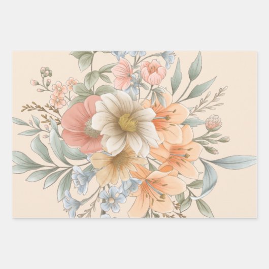 Perzik Tone Waterverf Zomertuin Florals Inpakpapier Vel (Voorkant 3)