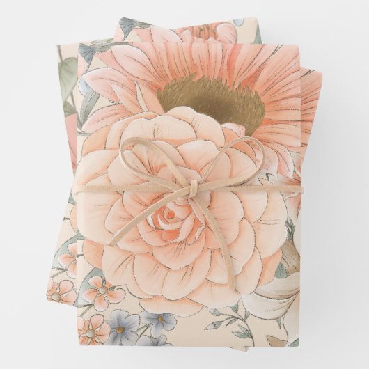 Perzik Tone Waterverf Zomertuin Florals Inpakpapier Vel (In situ)