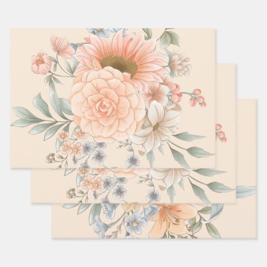 Perzik Tone Waterverf Zomertuin Florals Inpakpapier Vel (Set)
