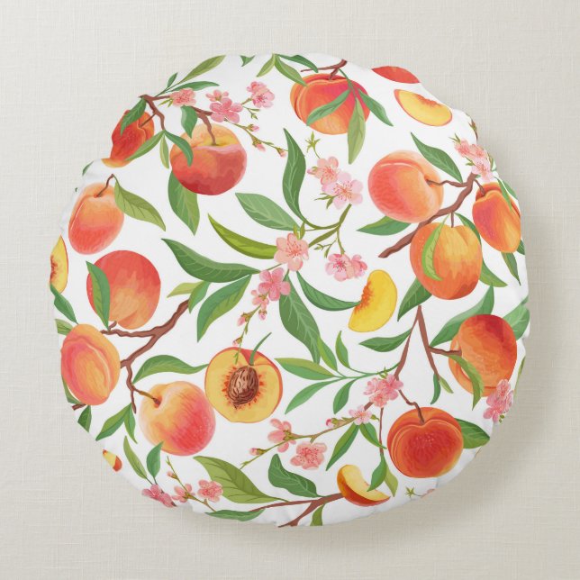Perzik Tropisch fruit  patroon. Rond Kussen (Voorkant)