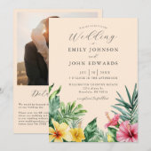 Perzik Tropische Bloemen Foto QR Code Huwelijk Kaart (Voorkant / Achterkant)