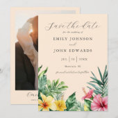 Perzik Tropische Bloemen Groen Fotobruiloft Save The Date (Voorkant / Achterkant)