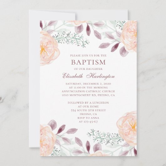 Perzik tuin bloemen. Blush floral. Herfst doop Kaart (Voorkant)