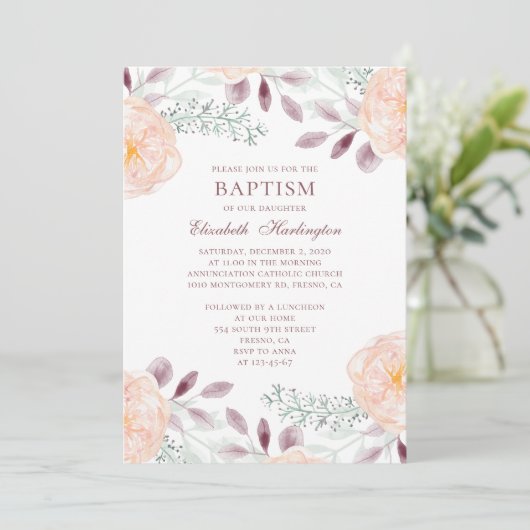 Perzik tuin bloemen. Blush floral. Herfst doop Kaart (Staand voorkant)