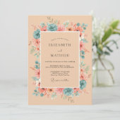 Perzik Turquoise Romantische Botanische Bruiloft Kaart (Staand voorkant)