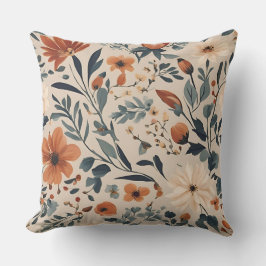 Perzik Verbrand Oranje Marine Stof Blauw Bloemmoti Kussen