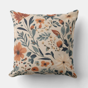 Perzik Verbrand Oranje Marine Stof Blauw Bloemmoti Kussen