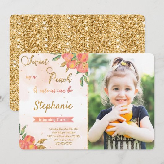 Perzik Verjaardagsfoto Uitnodigingen  (Voorkant / Achterkant)