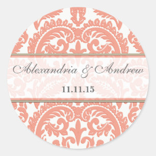 Perzik Victoriaans  Damast Hart Bruiloft Seal Ronde Sticker