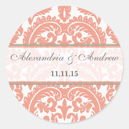 Perzik Victoriaans  Damast Hart Bruiloft Seal Ronde Sticker (Voorkant)