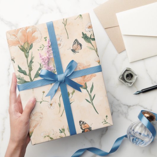 Perzik Vlinders Bloem Bruids Bruiloft Cadeaupapier (Geschenken)