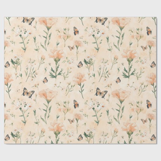 Perzik Vlinders Bloem Bruiloft Feest Cadeaupapier (Vlak)