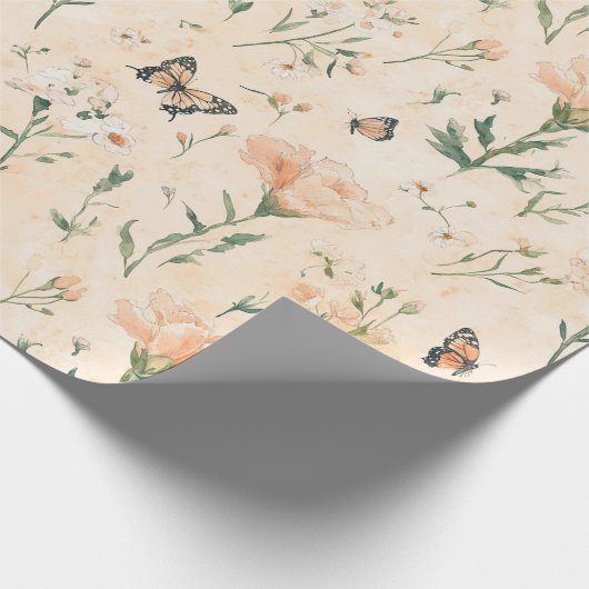 Perzik Vlinders Bloem Bruiloft Feest Cadeaupapier (Hoek)