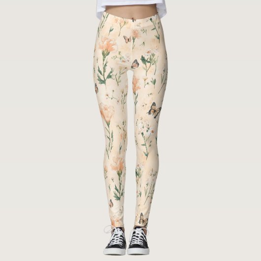 Perzik Vlinders Bloem Leggings (Voorkant)