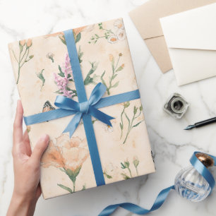 Perzik Vlinders Bloemige Verjaardag Cadeaupapier