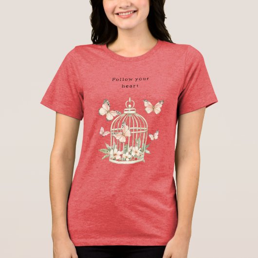 Perzik Vlinders Kooi Bloemstuk Tri-Blend Shirt (Voorkant)