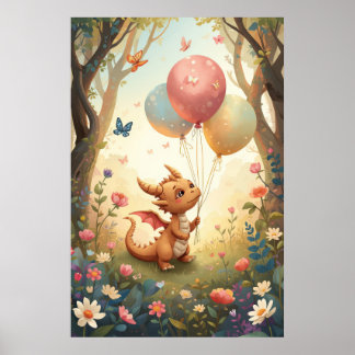 Perzik Watercolor Baby Draken Ballon Kinderkamer Poster