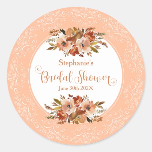 Perzik Watercolor Bloemachtige Bruiloftsfeest  Ronde Sticker (Voorkant)