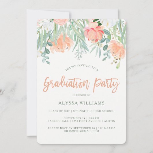 Perzik Waterverf Bloem | Afstudeerfeest Kaart (Voorkant)