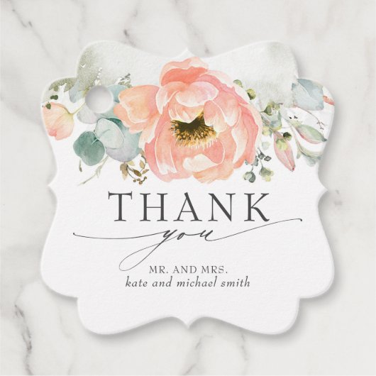 Perzik Waterverf Bloem Bruiloft Dank u Bedankjes Labels (Voorkant)