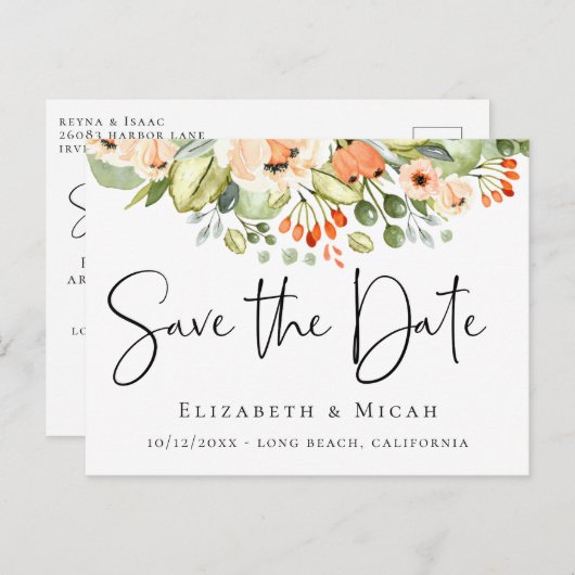 Perzik Waterverf Bloemen Bewaar de datum Aankondigingskaart (Voorkant / Achterkant)