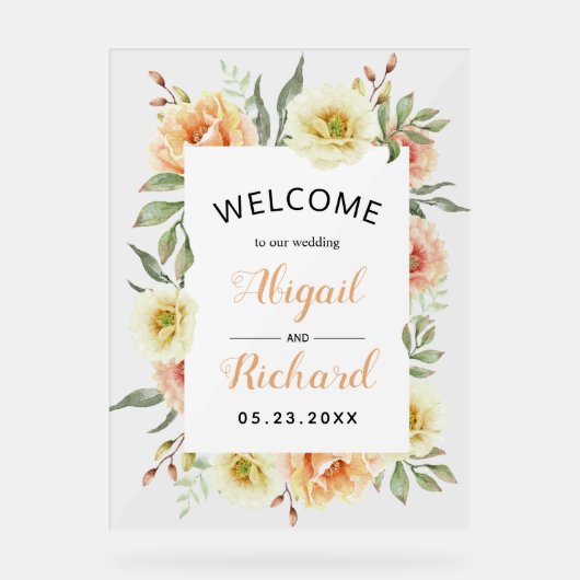 Perzik waterverf bloemen bloemenbruiloft welkom acryl bord (Voorkant)