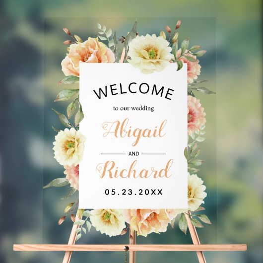 Perzik waterverf bloemen bloemenbruiloft welkom acryl bord (Neutraal)