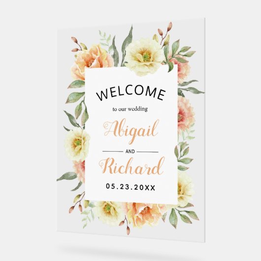 Perzik waterverf bloemen bloemenbruiloft welkom acryl bord (Hoek)