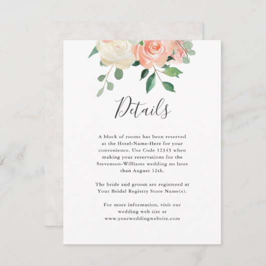 Perzik Waterverf Bloemen Bruiloft Details Info Informatiekaartje (Voorkant / Achterkant)