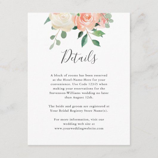 Perzik Waterverf Bloemen Bruiloft Details Info Informatiekaartje (Voorkant)