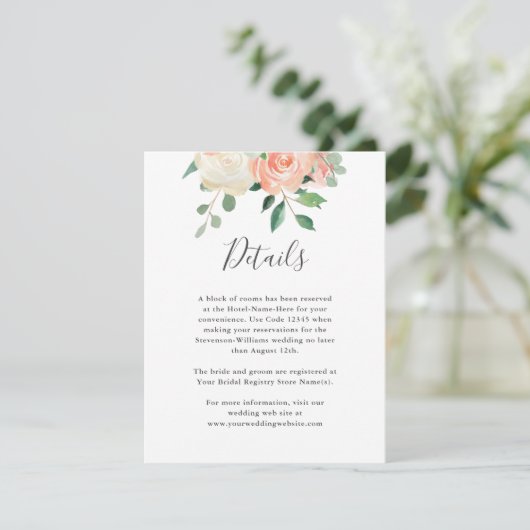 Perzik Waterverf Bloemen Bruiloft Details Info Informatiekaartje (Staand voorkant)