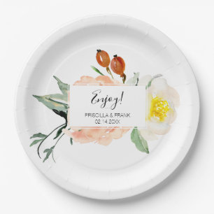 Perzik Waterverf Bloemen Dessert Tafel Bruiloft Papieren Bordje