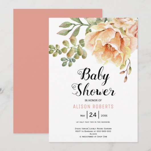 Perzik waterverf bloemen en bladeren baby shower kaart (Voorkant / Achterkant)