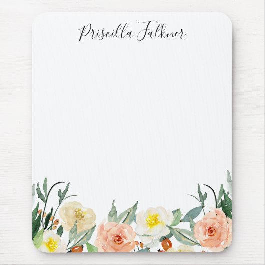 Perzik Waterverf Bloemen Girly Monogrammed Muismat (Voorkant)
