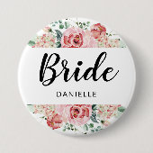 Perzik Waterverf Bloemen Lijst Bruid Monogrammed Ronde Button 7,6 Cm (Voorkant)