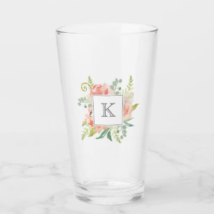Perzik Waterverf Bloemen met uw Monogram Glas