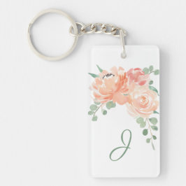 Perzik Waterverf Bloemen met uw Monogram Sleutelhanger