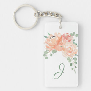 Perzik Waterverf Bloemen met uw Monogram Sleutelhanger