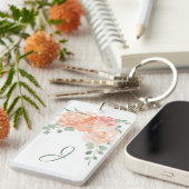 Perzik Waterverf Bloemen met uw Monogram Sleutelhanger (Voorkant Rechts)