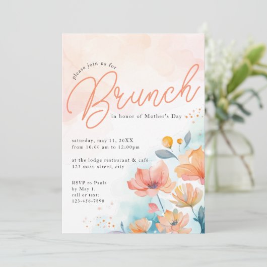 Perzik Waterverf Bloemen Modern Moederdag Brunch Kaart (Staand voorkant)
