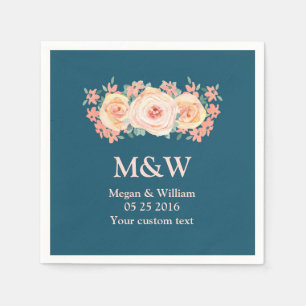 Perzik Waterverf Bloemen Navy Blue bruiloft servet